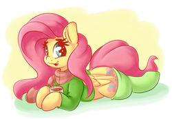 Size: 2376x1648 | Tagged: safe, artist:graphene, fluttershy, pegasus, pony, bottomless, chocolate, clothes, cute, digital art, dock, female, food, green socks, green stockings, green sweater, hot chocolate, looking at you, lying, mare, open mouth, partial nudity, prone, scarf, shyabetes, smiling, socks, solo, stockings, sweater, sweatershy, thigh highs