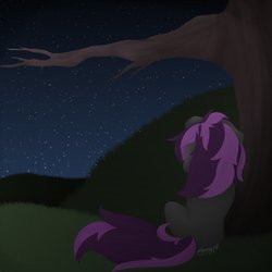 Size: 894x894 | Tagged: safe, artist:melonmarie, artist:melonzy, oc, oc only, oc:luscious dreams, pony, female, looking up, mare, night, sad, solo, stars, tree, tree branch