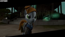 Size: 1920x1080 | Tagged: safe, artist:goatcanon, oc, oc only, oc:littlepip, pony, unicorn, fallout equestria, 3d, black bars, clothes, fanfic, fanfic art, female, glowing horn, gun, handgun, horn, jumpsuit, little macintosh, magic, mare, revolver, solo, source filmmaker, telekinesis, vault suit, weapon