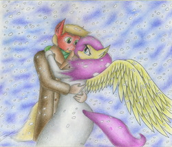 Size: 1925x1648 | Tagged: safe, artist:sinaherib, big macintosh, fluttershy, earth pony, anthro, g4, clothes, coat, facial hair, gloves, looking at each other, male, ship:fluttermac, shipping, snow, snowfall, spread wings, straight, traditional art, wings