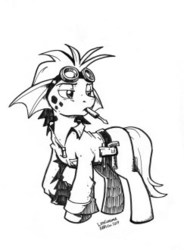 Size: 243x330 | Tagged: safe, artist:clear skies, artist:latecustomer, kelpie, roan rpg, babscon, black and white, goggles, grayscale, inked, mechanic, monochrome, mouth hold, screwdriver, simple background, solo, traditional art, white background