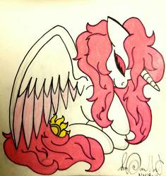 Size: 1082x1152 | Tagged: safe, artist:sydneypaullet, princess celestia, alicorn, pony, g4, eyes closed, female, pink-mane celestia, solo, spread wings, traditional art, wings, younger