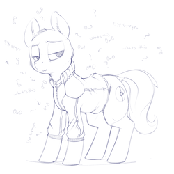 Size: 1280x1280 | Tagged: safe, artist:dimfann, earth pony, pony, clothes, jacket, monochrome, owo, sketch, solo