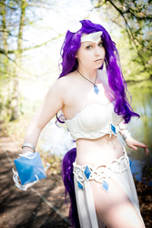 Size: 2731x4096 | Tagged: safe, artist:gekkolilly, rarity, human, g4, belly button, breasts, clothes, cosplay, costume, female, forest, high res, irl, irl human, jewelry, midriff, necklace, photo, solo, staff, water