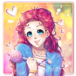 Size: 1000x1000 | Tagged: safe, artist:martuchan200, pinkie pie, human, g4, candy, ear piercing, earring, female, food, heart, humanized, lollipop, necklace, open mouth, piercing, ring, smiling, solo