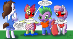Size: 1280x692 | Tagged: safe, artist:warpwarp1929, apple bloom, pipsqueak, spike, sweetie belle, dragon, pony, g4, assisted exposure, bipedal, bloomers, blushing, clothed male nude female, clothes, dress, embarrassed, embarrassed underwear exposure, female, filly, frilly underwear, humiliation, male, overalls, panties, pink underwear, red underwear, ribbon, strawberry underwear, torn clothes, underwear, undressed