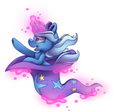 Size: 6873x6165 | Tagged: safe, artist:cutepencilcase, trixie, pony, unicorn, g4, absurd resolution, chest fluff, clothes, female, floating, freckles, glowing horn, happy, hat, horn, magic, mare, simple background, smiling, solo, telekinesis, transparent background, trixie's hat