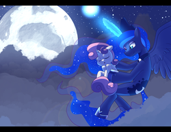 Size: 1200x931 | Tagged: safe, artist:z0rgy, princess luna, sweetie belle, alicorn, pony, unicorn, semi-anthro, g4, anatomically incorrect, cloud, dream walker luna, female, filly, foal, glowing horn, horn, incorrect leg anatomy, letterboxing, magic, moon, sleeping, stars