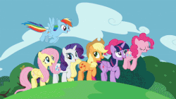 Size: 476x268 | Tagged: safe, screencap, applejack, fluttershy, pinkie pie, rainbow dash, rarity, twilight sparkle, alicorn, pony, all bottled up, g4, season 7, animated, autumn, best friends until the end of time, female, gif, mane six, perfect loop, pronking, seasons, spring, summer, time-lapse, twilight sparkle (alicorn), winter