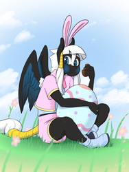 Size: 1920x2558 | Tagged: safe, artist:skecchiart, oc, oc only, oc:corvus rey, pegasus, anthro, plantigrade anthro, anthro oc, bunny ears, chocolate, clothes, easter, easter egg, eating, food, gift art, grass, holiday, shoes, solo