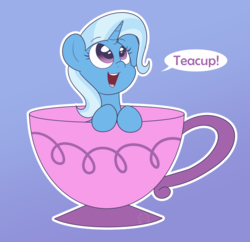 Size: 1200x1162 | Tagged: safe, artist:dativyrose, trixie, pony, unicorn, all bottled up, g4, cup, cup of pony, cute, dialogue, diatrixes, female, gradient background, horn, micro, smiling, solo, teacup, that pony sure does love teacups, tiny ponies