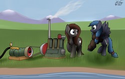 Size: 1280x812 | Tagged: safe, artist:the-furry-railfan, oc, oc only, oc:night strike, oc:pressure cooker, earth pony, pegasus, pony, air pump, clothes, engine, jacket, lake, mountain, outdoors, sequence, story included, this will end in balloons