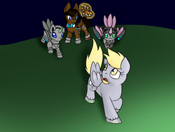 Size: 1024x768 | Tagged: safe, artist:usagi-zakura, derpy hooves, oc, oc:mister clever, cyborg, pegasus, pony, g4, chibi angel doctor, doctor who, eleventh doctor, female, mare