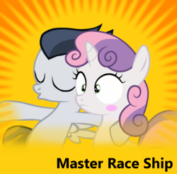 Size: 1050x1028 | Tagged: safe, rumble, sweetie belle, derpibooru, g4, female, glorious master race, male, master race, master race ship, meta, op is a duck, ship:rumbelle, shipping, spoilered image joke, straight