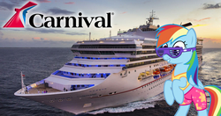 Size: 870x460 | Tagged: safe, artist:sollace, edit, rainbow dash, pony, equestria daily, g4, bipedal, carnival, carnival cruise line, clothes, cruise, ocean, sunglasses, swimming trunks, swimsuit, winter swimsuit