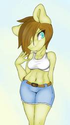 Size: 540x960 | Tagged: safe, artist:xclayponyx, oc, oc only, anthro, anthro oc, belly button, breasts, cleavage, clothes, female, midriff, shorts, solo, sports bra