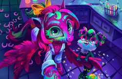 Size: 2559x1653 | Tagged: safe, artist:holivi, oc, oc only, oc:gadget, oc:precious metal, pegasus, pony, bow, clothes, color porn, duo, female, friends, hair bow, lab, lab coat, looking at you, mare, mess, paint, potion, silly, silly pony, smiling, solo