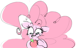 Size: 621x398 | Tagged: safe, artist:hattsy, pinkie pie, earth pony, pony, g4, apple, female, food, hoof hold, sketch, solo, sweat