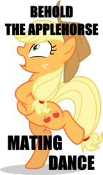 Size: 687x1163 | Tagged: safe, applejack, earth pony, pony, g4, behaving like a bird, behaving like a chicken, image macro, majestic as fuck, mating dance, meme, silly, silly pony, who's a silly pony