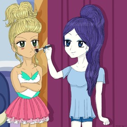 Size: 2048x2048 | Tagged: safe, artist:psshdjndofnsjdkan, applejack, rarity, equestria girls, g4, applejewel, bare shoulders, breasts, cleavage, clothes, dress, female, high res, hilarious in hindsight, nail polish, sleeveless, strapless