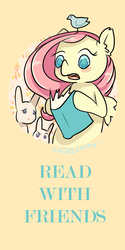 Size: 750x1500 | Tagged: safe, artist:vogelchan, fluttershy, bird, pegasus, pony, rabbit, g4, book, female, hoof hold, open mouth, reading, solo