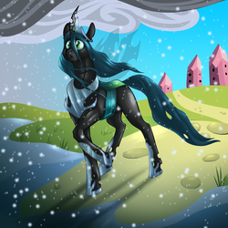 Size: 1000x1000 | Tagged: safe, artist:foxenawolf, queen chrysalis, changeling, changeling queen, fanfic:quantum gallop, g4, armor, crown, crystal empire, fanfic art, female, jewelry, regalia, snow, solo