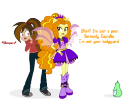 Size: 1024x806 | Tagged: dead source, safe, artist:wubcakeva, adagio dazzle, oc, oc:cupcake slash, equestria girls, g4, biting pear of salamanca, boots, clothes, dialogue, dress, duo, equestria girls-ified, food, high heel boots, hoodie, jacket, jewelry, looking back, pants, pear, pendant, ponied up, scared, shoes, simple background, white background, wings