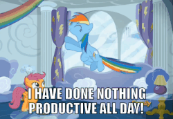 Size: 600x413 | Tagged: safe, edit, edited screencap, screencap, rainbow dash, scootaloo, g4, the cart before the ponies, animated, cute, cutealoo, cutie mark, dashabetes, discovery family logo, female, flying, gif, i have done nothing productive all day, image macro, loop, loop-de-loop, meme, rainbow dash's house, the cmc's cutie marks