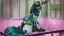 Size: 1280x720 | Tagged: safe, artist:hodgepodgedl, queen chrysalis, g4, adult foal, bow, crib, diaper, embarrassed, female, hair bow, magic suppression, non-baby in diaper, pacifier, poofy diaper, solo, time out