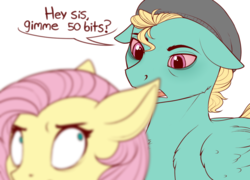 Size: 1280x921 | Tagged: safe, artist:evehly, fluttershy, zephyr breeze, pegasus, pony, flutter brutter, g4, annoyed, brother and sister, dialogue, drug addict, duo, floppy ears, fluttershy is not amused, hat, high, looking back, misleading thumbnail, out of focus, simple background, stoned, white background