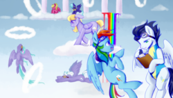 Size: 1280x720 | Tagged: safe, artist:purrrfectartist, cloud kicker, cloudchaser, flitter, rainbow dash, soarin', pony, g4, backwards cutie mark, clothes, cloudsdale, flying, goggles, leotard, old cutie mark