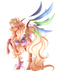 Size: 1585x1986 | Tagged: safe, artist:scarlet-spectrum, oc, oc only, oc:dreamy, pony, artificial wings, augmented, bow, commission, eyes closed, female, goggles, mare, mechanical wing, raised hoof, simple background, smiling, solo, transparent background, wings