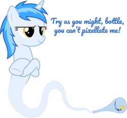 Size: 6890x6400 | Tagged: safe, artist:parclytaxel, oc, oc only, oc:penny curve, genie, genie pony, pony, unicorn, mlp vector club, .svg available, absurd resolution, april fools, april fools 2017, bottle, caption, crossed hooves, female, mare, simple background, solo, story included, transparent background, vector