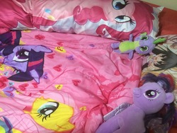 Size: 3264x2448 | Tagged: safe, fluttershy, pinkie pie, spike, twilight sparkle, dragon, g4, bed, high res, merchandise, pillow