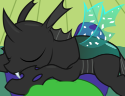 Size: 1990x1538 | Tagged: safe, artist:badumsquish, derpibooru exclusive, thorax, oc, oc:anon, changeling, human, g4, content, cute, duo, fangs, human on changeling snuggling, lap, male, offscreen character, pov, sitting on lap, sleeping, smiling, thorabetes