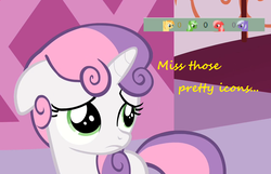Size: 1119x719 | Tagged: safe, edit, edited screencap, screencap, sweetie belle, oc, oc:comment, oc:downvote, oc:favourite, oc:upvote, pony, derpibooru, g4, april fools, april fools 2017, derpibooru ponified, eyes on the prize, female, floppy ears, frown, looking up, meta, ponified, sad, solo