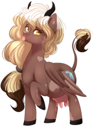 Size: 1385x1860 | Tagged: safe, artist:slasharu, oc, oc only, oc:sweet mocha, cow, cloven hooves, cowified, crotchboobs, pegacow, raised hoof, simple background, species swap, teats, tongue out, transformation, transparent background, udder