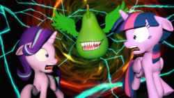 Size: 1920x1080 | Tagged: safe, artist:powdan, starlight glimmer, twilight sparkle, alicorn, pony, g4, 3d, alicornified, biting pear of salamanca, flying, gmod, open mouth, running away, sharp teeth, teeth, tongue out, twilight sparkle (alicorn)