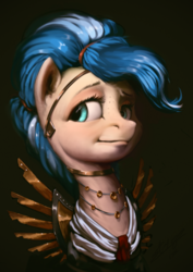Size: 850x1200 | Tagged: safe, artist:assasinmonkey, oc, oc only, oc:feather draft, pegasus, pony, clothes, digital painting, female, mare, prosthetic wing, regalia, solo