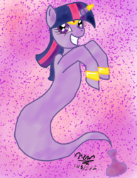 Size: 1275x1650 | Tagged: safe, artist:mrmario, twilight sparkle, genie, ask genie twilight, g4, armband, bottle, female, gem, grin, headband, horn, horn ring, looking at you, raised hoof, smiling, solo