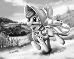 Size: 1500x1200 | Tagged: safe, artist:makkah, apple bloom, earth pony, pony, sheep, g4, clothes, female, filly, monochrome, mouth hold, scenery, shepherd, shepherd's crook, signature, solo, walking