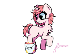 Size: 1599x1198 | Tagged: safe, oc, oc only, oc:strawberry milkshake, pony, unicorn, accident, female, filly, green eyes, looking back, looking down, paint, paint on fur, pink mane, pink tail, short mane, short tail, signature, solo, stepping on something