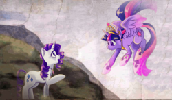 Size: 874x512 | Tagged: safe, artist:michelangelo, artist:palolabg, edit, rarity, twilight sparkle, alicorn, pony, unicorn, fanfic:the enchanted library, g4, :o, big crown thingy, classic art, eye contact, fanfic, fanfic art, female, fine art parody, flying, jewelry, lesbian, looking at each other, mare, necklace, open mouth, parody, raised hoof, regalia, ship:rarilight, shipping, smiling, spread wings, the creation of adam, twilight sparkle (alicorn), wings