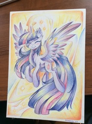 Size: 1936x2592 | Tagged: safe, artist:hioshiru, twilight sparkle, alicorn, pony, g4, colored pencil drawing, eyes closed, female, flying, long tail, photo, slender, smiling, solo, tail, thin, traditional art, twilight sparkle (alicorn)