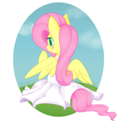 Size: 911x878 | Tagged: safe, artist:php54, fluttershy, pegasus, pony, g4, clothes, dress, grass, looking away, outdoors, rear view, sitting, spread wings, spring, spring dress, summer, summer dress, sundress, white dress, wings