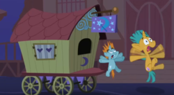 Size: 813x446 | Tagged: safe, screencap, snails, snips, pony, unicorn, boast busters, g4, colt, freakout, male, screaming, shocked, trixie's wagon