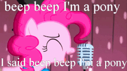 Size: 762x427 | Tagged: safe, edit, edited screencap, screencap, pinkie pie, earth pony, pony, g4, pinkie pride, >:), animated, asdfmovie, asdfmovie10, beep beep, beep beep i'm a sheep (lildeucedeuce feat. tomska & black gryph0n), bowtie, eyes closed, female, gif, happy, hat, image macro, mare, meme, microphone, rhyme fail, singing, smiling, tomska, top hat, youtube link