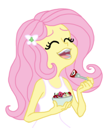 Size: 461x553 | Tagged: safe, artist:peppersupreme, fluttershy, equestria girls, g4, bowl, clothes, cute, eating, eyes closed, female, food, fork, fruit salad, laughing, open mouth, ponies laughing with fruit salad, salad, shyabetes, simple background, solo, tank top, teeth, transparent background