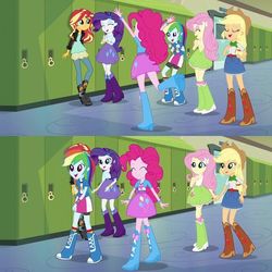 Size: 564x564 | Tagged: safe, screencap, applejack, fluttershy, pinkie pie, rainbow dash, rarity, sunset shimmer, equestria girls, g4, my little pony equestria girls: friendship games, balloon, boots, bracelet, clothes, cowboy boots, door, eyes closed, female, high heel boots, humane five, jacket, jewelry, leather jacket, lockers, mane six, raised leg, rear view, skirt, socks, wristband