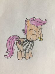 Size: 774x1032 | Tagged: safe, artist:puffedcheekedblower, scootaloo, g4, blowing, blowing whistle, cute, cutealoo, puffy cheeks, referee, referee scootaloo, referee shirt, sports, traditional art, whistle
